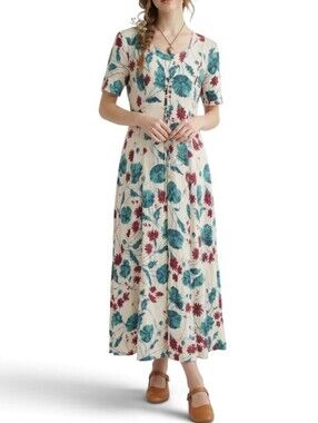 VTG Jamie Brooke Petite Floral Lace Up Maxi Dress Cottagecore Size 12P